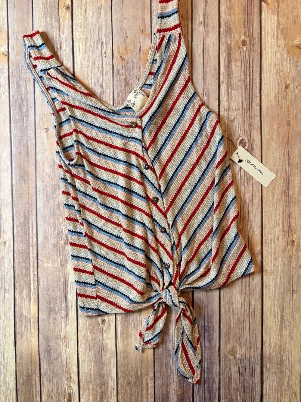 Blu Pepper Striped Knit Tie-Front Camisole - Cream, Red & Blue